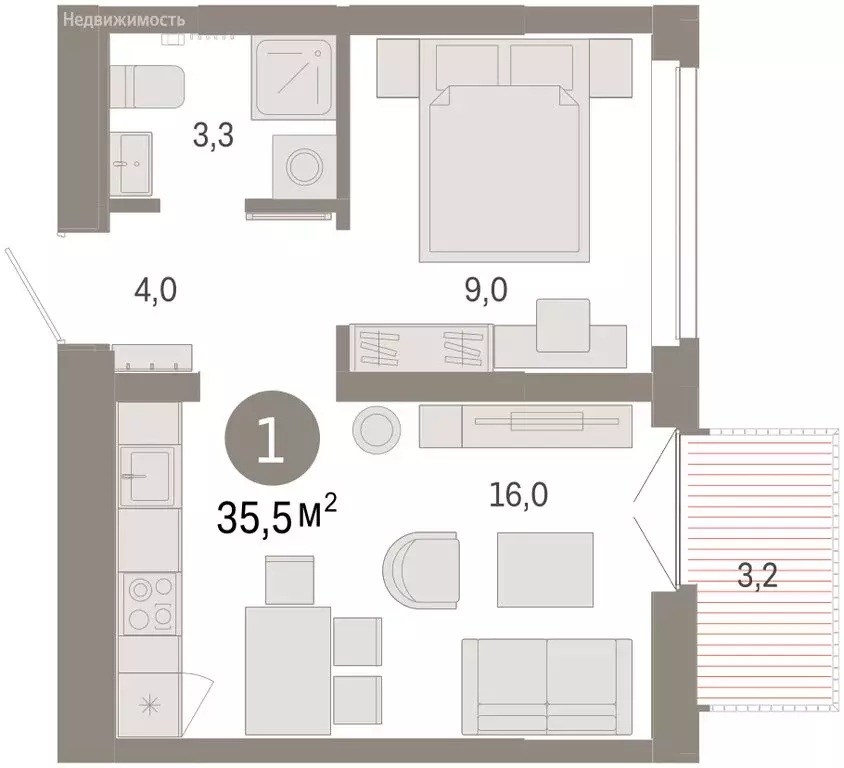 2-комнатная квартира: Тюмень, улица Республики, 205к2 (35.6 м) - Фото 1