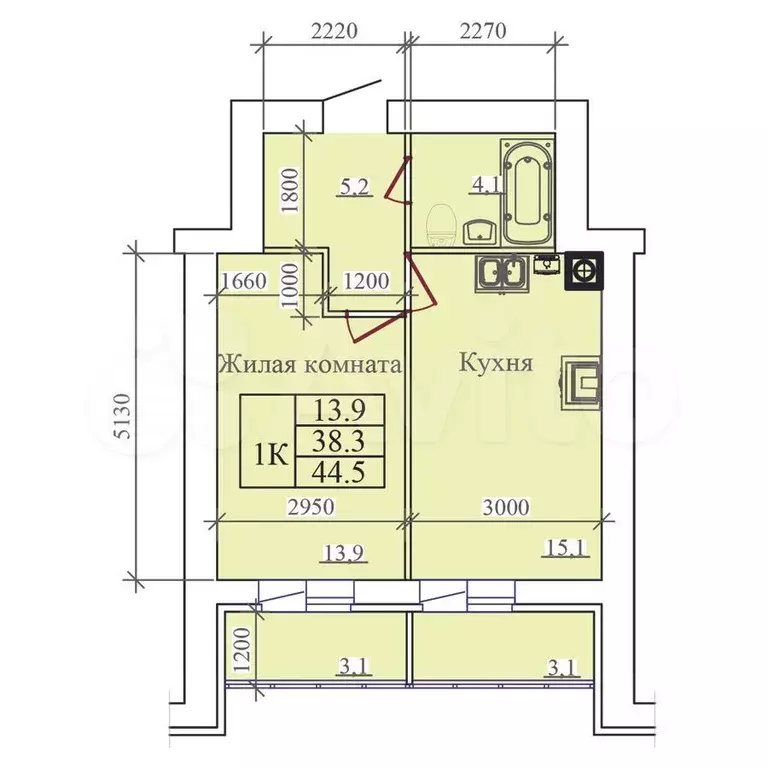 1-к. квартира, 44,5 м, 10/14 эт. - Фото 0