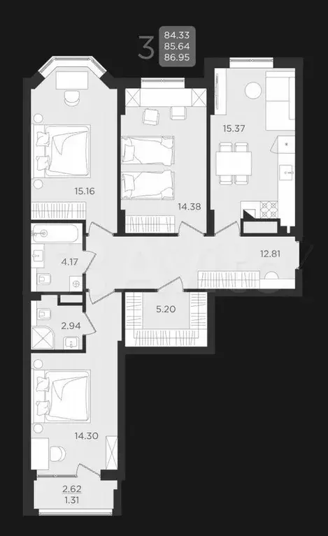 3-к. квартира, 85,6 м, 5/9 эт. - Фото 0