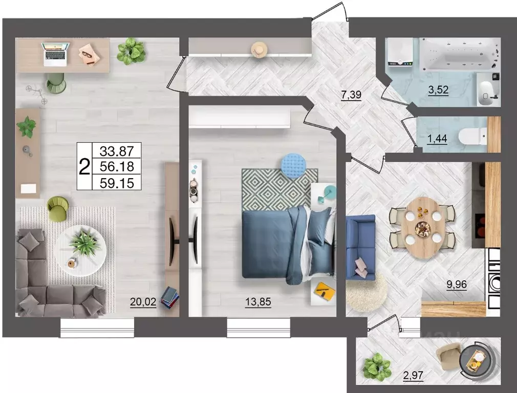 2-к кв. Смоленская область, Смоленск Краснинское ш., 26А (59.15 м) - Фото 1