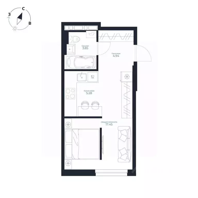 Студия Приморский край, Владивосток Каскада жилой комплекс (31.52 м) - Фото 1