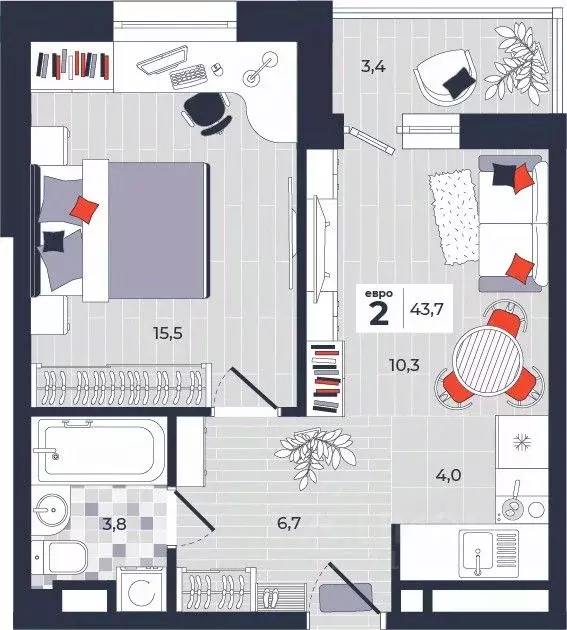 2-к кв. Тульская область, Тула ул. Академика Насоновой, 1А (43.7 м) - Фото 1