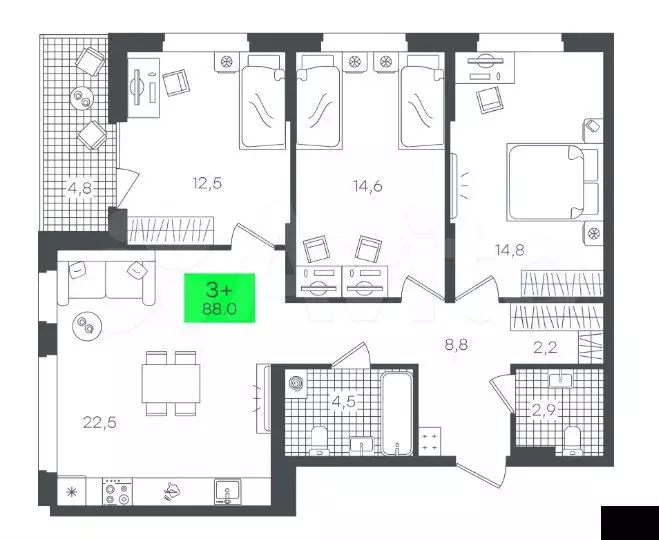 3-к. квартира, 88м, 6/9эт. - Фото 0