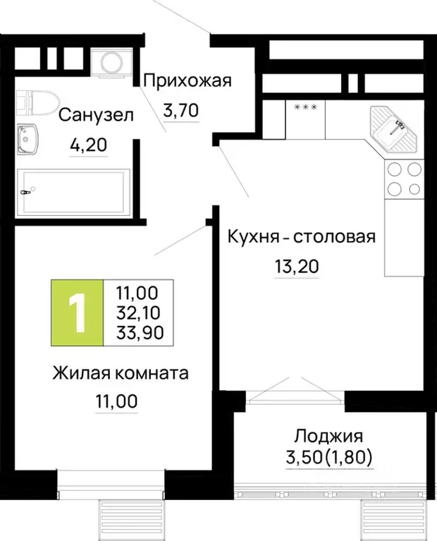 1-к кв. Адыгея, Тахтамукайский район, Яблоновский пгт  (33.9 м) - Фото 1