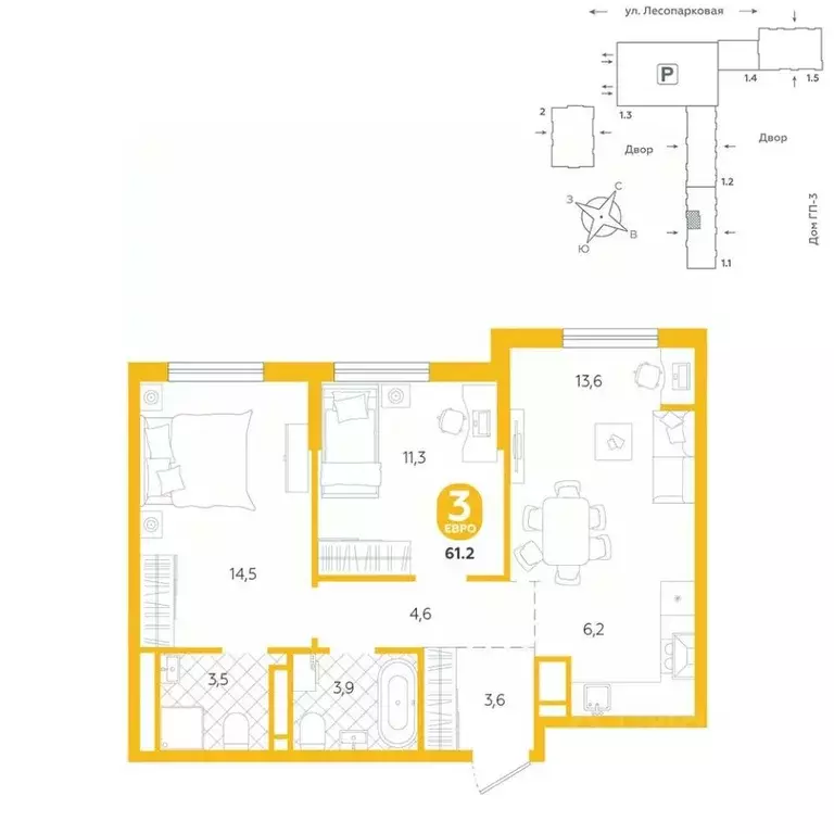 3-к кв. Тюменская область, Тюмень ул. Лесопарковая, 22 (61.2 м) - Фото 0