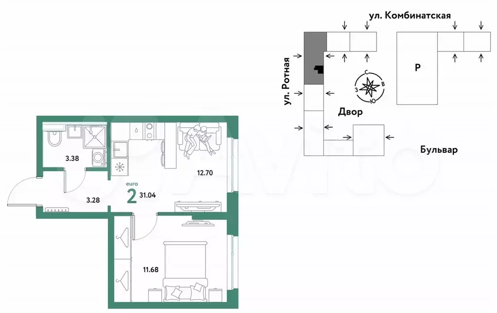 2-к. квартира, 31 м, 6/21 эт. - Фото 0