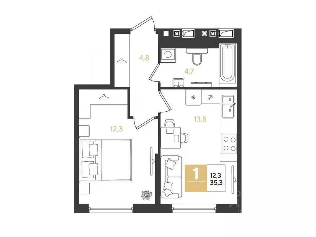 1-к кв. Краснодарский край, Краснодар Самолет кв-л,  (35.3 м) - Фото 1