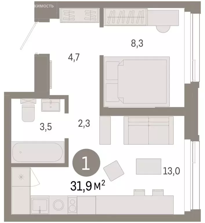 1-комнатная квартира: Тюмень, жилой комплекс Зарека (31.88 м) - Фото 1