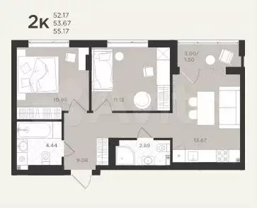 2-к. квартира, 55,2 м, 3/4 эт. - Фото 1