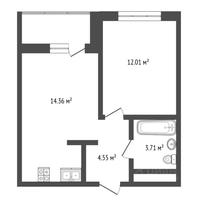 1-к кв. Тюменская область, Тюмень ул. Андрея Приказнова, 7 (33.7 м) - Фото 1