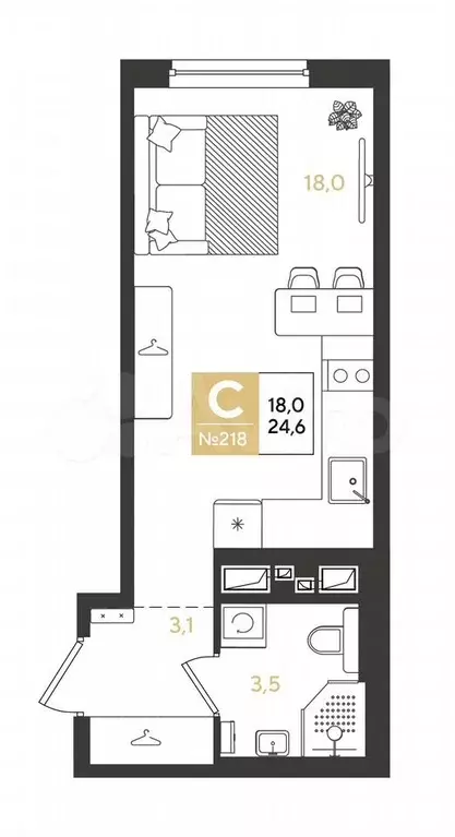 Квартира-студия, 24,6 м, 8/9 эт. - Фото 0
