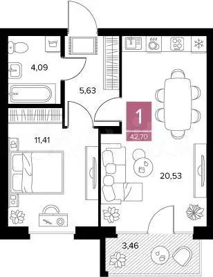1-к. квартира, 42,7 м, 7/9 эт. - Фото 0