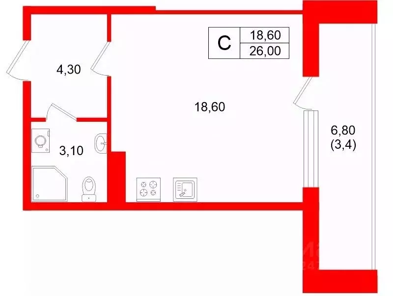 Студия Санкт-Петербург ул. Вадима Шефнера, 10к1 (26.0 м) - Фото 2