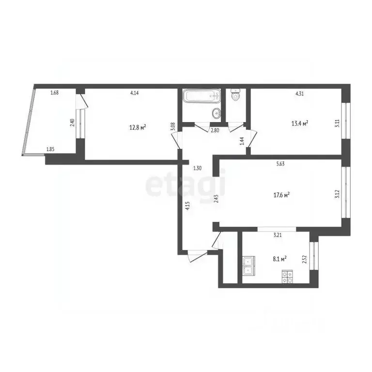 3-к кв. Тюменская область, Тюмень ул. Николая Чаплина, 121 (68.4 м) - Фото 2