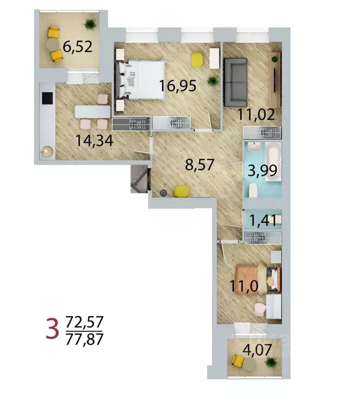 3-к кв. Омская область, Омск ул. 3-я Енисейская, 28/1 (72.57 м) - Фото 0