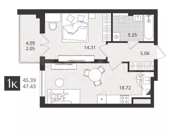 1-к. квартира, 45,4м, 1/4эт. - Фото 1