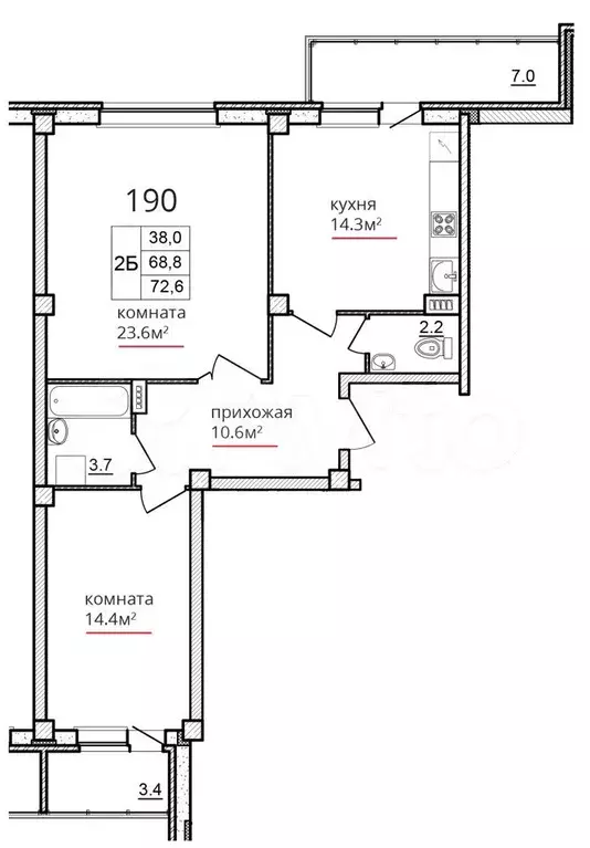 2-к. квартира, 72,6м, 6/9эт. - Фото 1