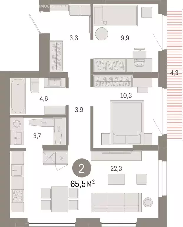 2-комнатная квартира: Новосибирский район, рабочий посёлок Краснообск, ... - Фото 2