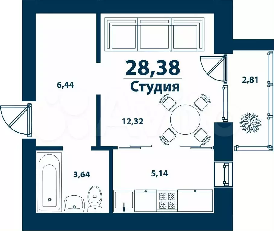 Квартира-студия, 28,4 м, 5/5 эт. - Фото 0