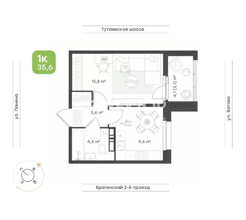 1-к кв. Ярославская область, Ярославль проезд 2-й Брагинский, 8 (35.6 ... - Фото 2