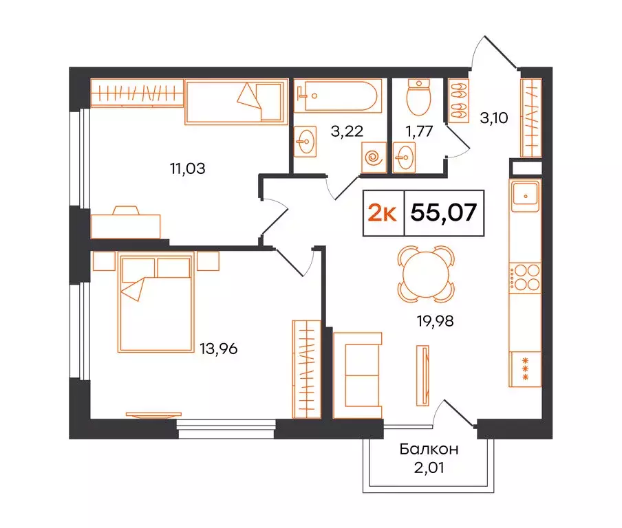2-комнатная квартира: Тюмень, Полевая улица, 117к13 (55.07 м) - Фото 1