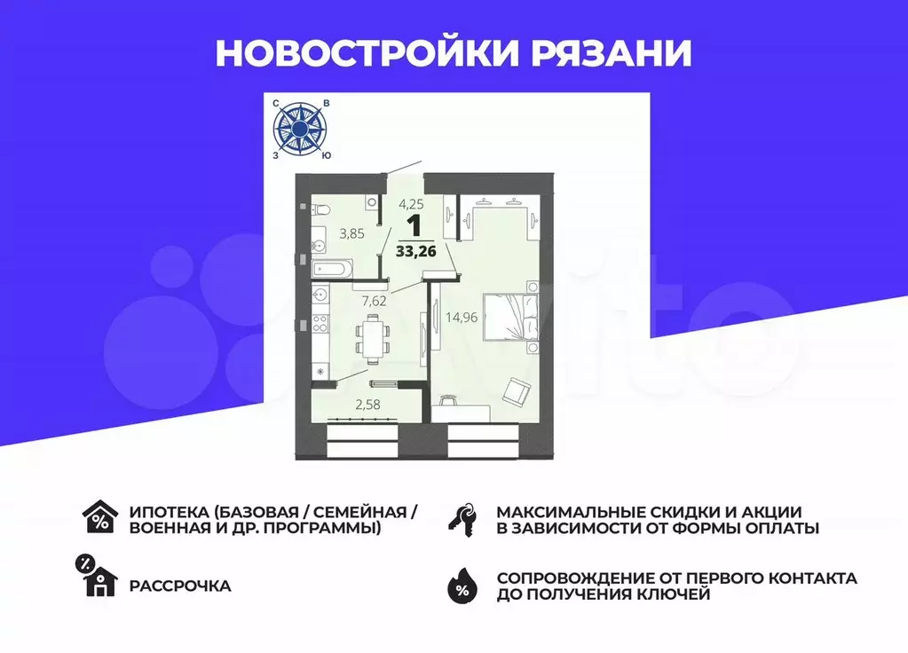 1-к. квартира, 32 м, 3/15 эт. - Фото 0