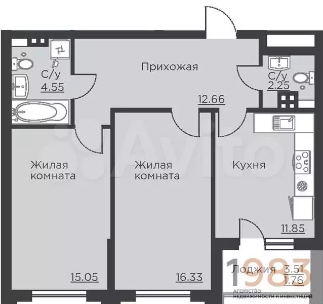 2-к. квартира, 64,4 м, 4/18 эт. - Фото 0