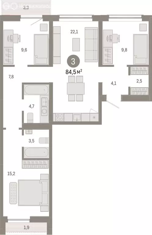 3-комнатная квартира: Новосибирск, Большевистская улица, с49 (84.54 м) - Фото 1