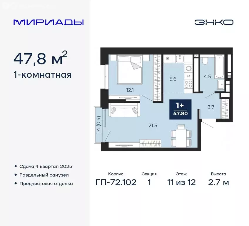 1-комнатная квартира: Тюмень, жилой комплекс Мириады (47.8 м) - Фото 0