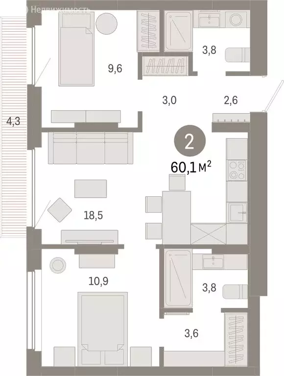 2-комнатная квартира: Новосибирск, квартал Лебедевский (60.1 м) - Фото 1