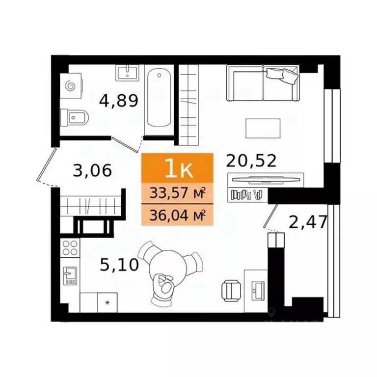 1-к кв. Курганская область, Курган просп. Конституции (36.04 м) - Фото 2