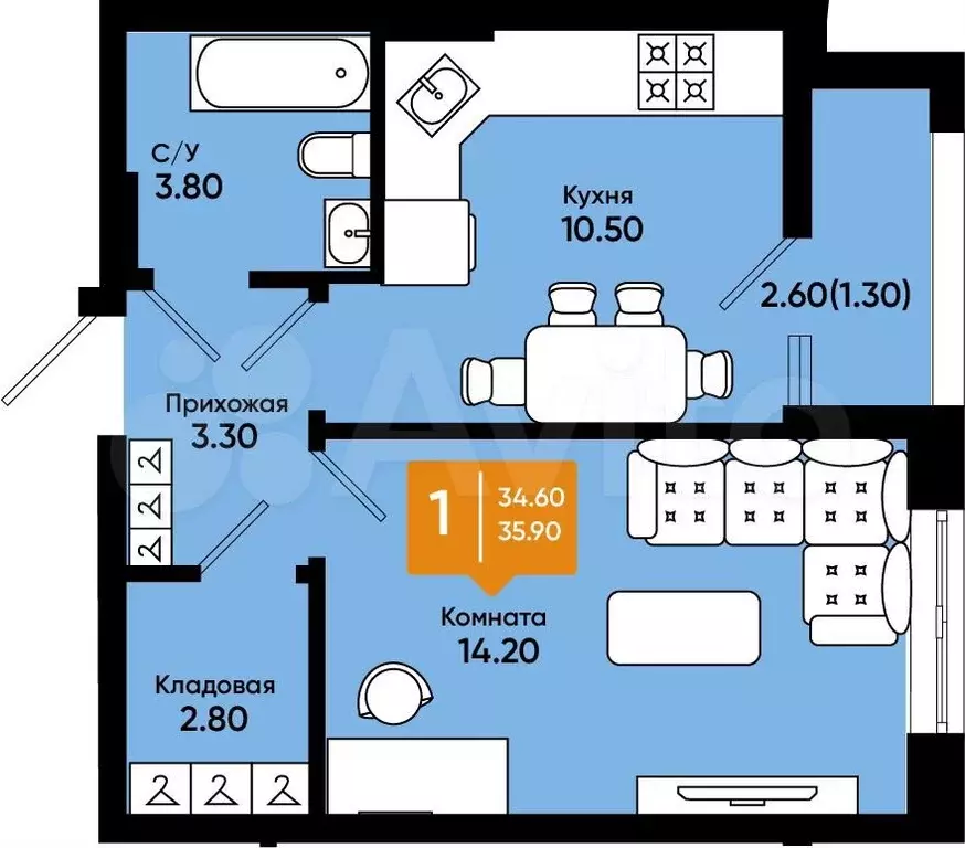 1-к. квартира, 35,9м, 2/9эт. - Фото 1