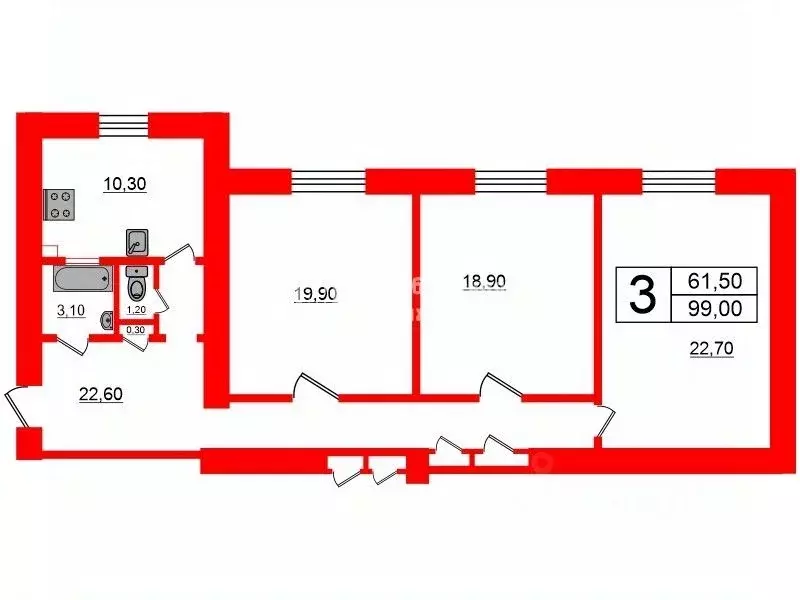 3-к кв. Санкт-Петербург Бумажная ул., 22к2 (99.0 м) - Фото 1