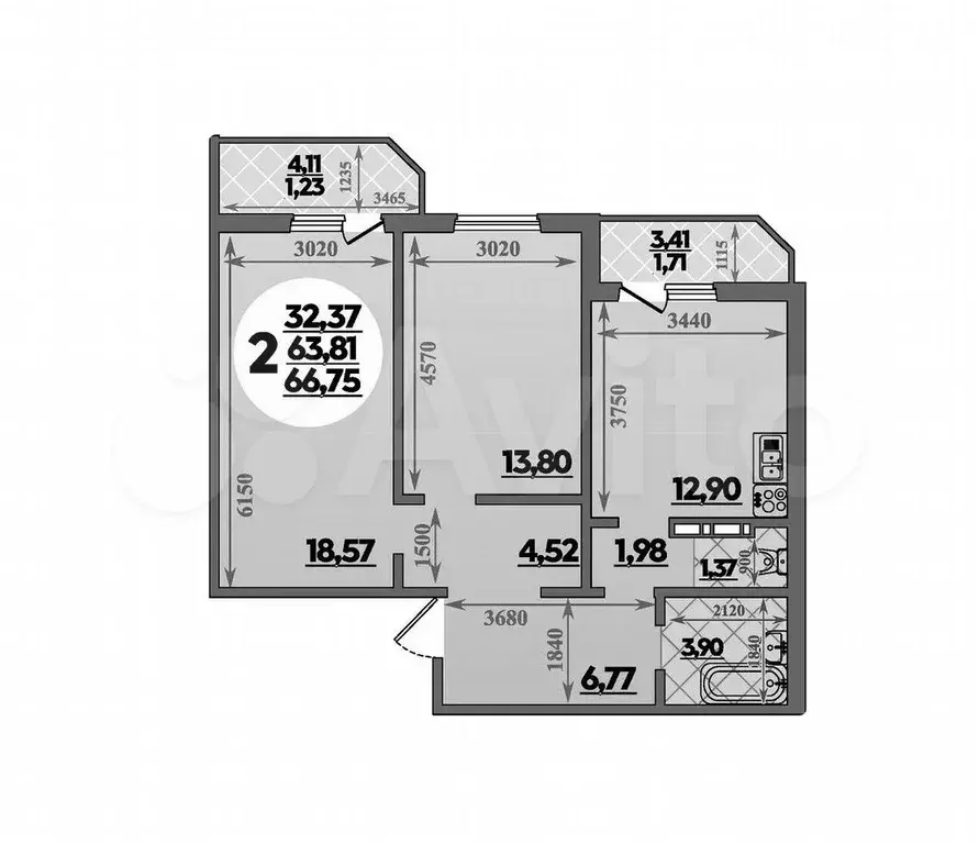 2-к. квартира, 66,8 м, 3/8 эт. - Фото 1