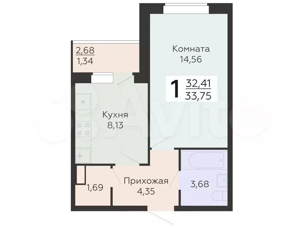 1-к. квартира, 33,8 м, 4/10 эт. - Фото 0