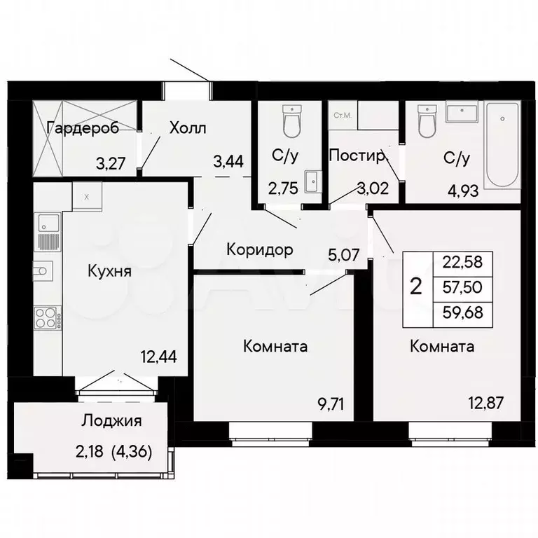 2-к. квартира, 59,7 м, 3/8 эт. - Фото 0