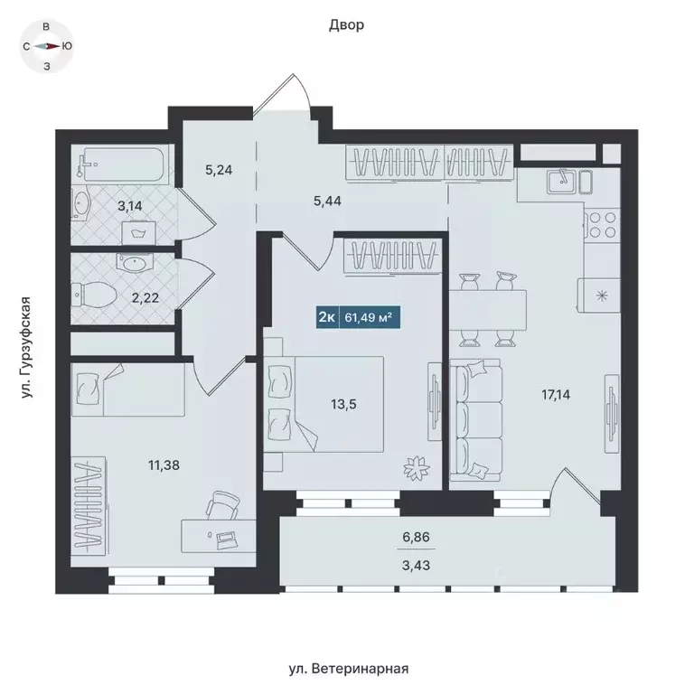 2-к кв. Свердловская область, Екатеринбург ул. Ветеринарная (61.49 м) - Фото 0