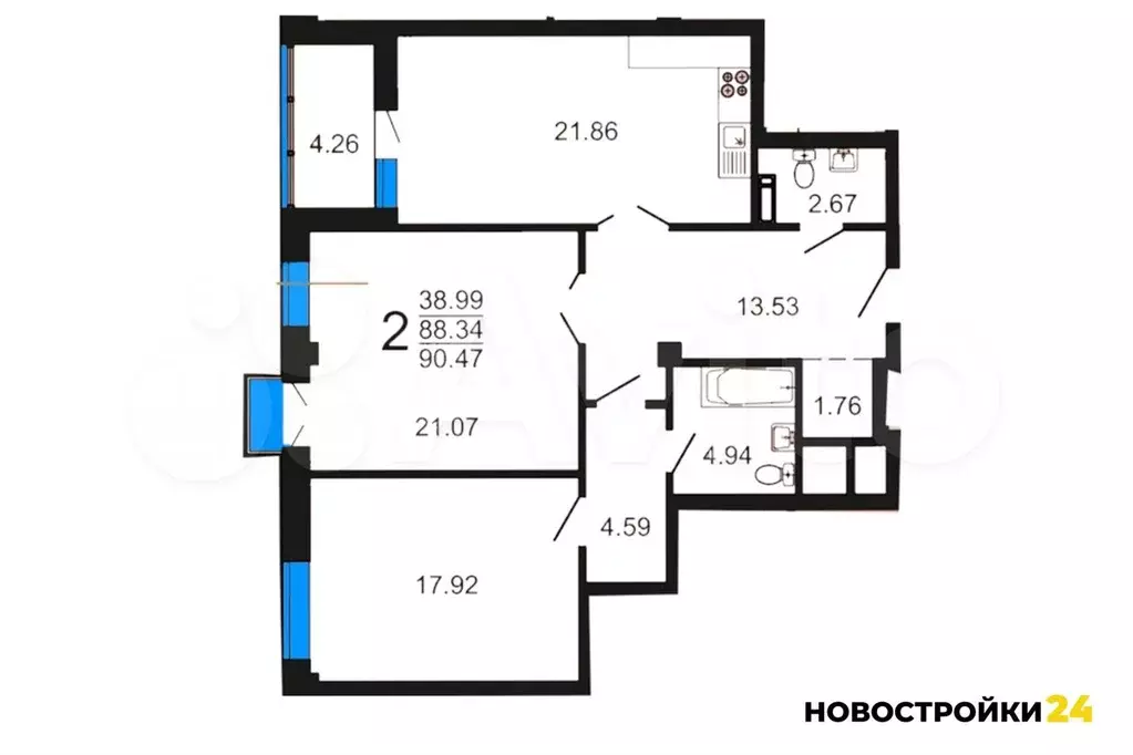 2-к. квартира, 90,2 м, 3/8 эт. - Фото 1