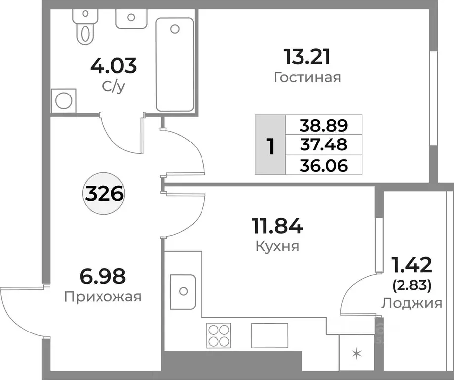 1-к кв. Калининградская область, Калининград Пригородная ул. (37.48 м) - Фото 0