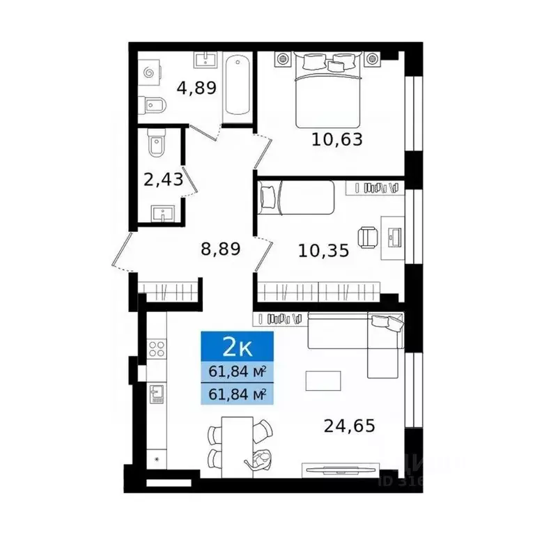 2-к кв. Курганская область, Курган просп. Конституции (61.84 м) - Фото 2