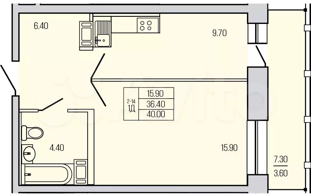 1-к. квартира, 40м, 13/19эт. - Фото 0