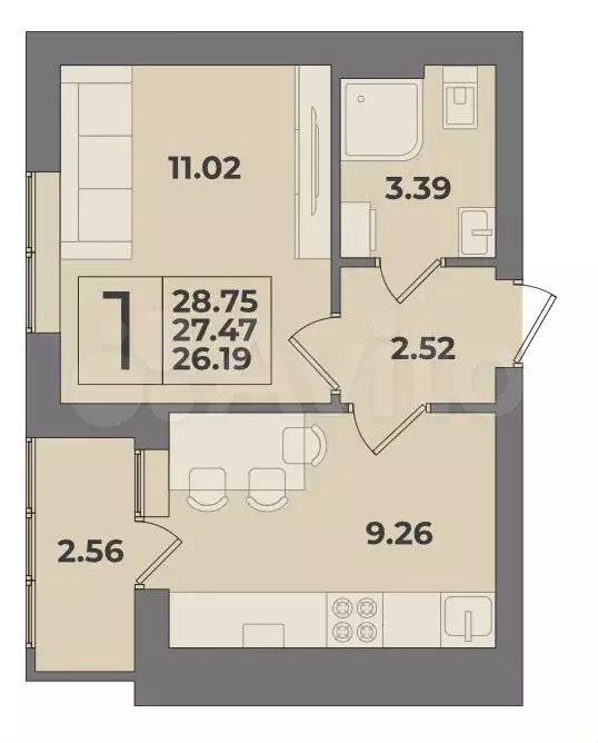 1-к. квартира, 27,5 м, 8/9 эт. - Фото 1