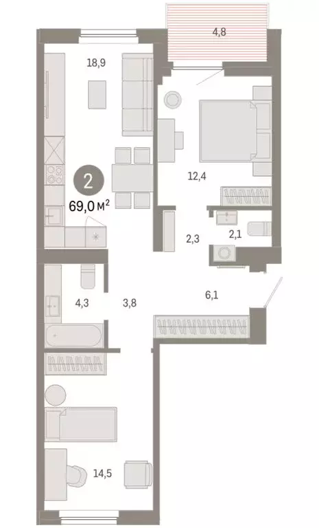 2-комнатная квартира: Новосибирский район, рабочий посёлок Краснообск, ... - Фото 2
