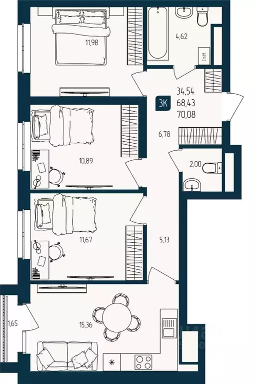 3-к кв. Тюменская область, Тюмень  (68.43 м) - Фото 1