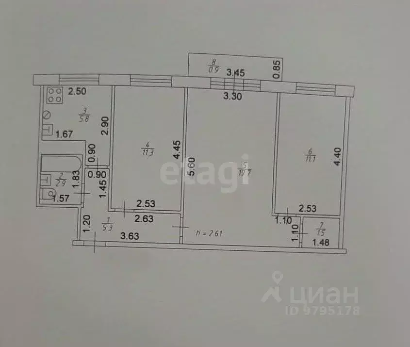 3-к кв. Татарстан, Казань ул. Курчатова, 18 (57.6 м) - Фото 2