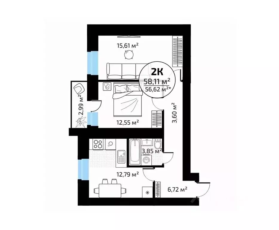 2-к кв. Самарская область, Самара пос. Мехзавод, 1-й кв-л, 50 (58.11 ... - Фото 1