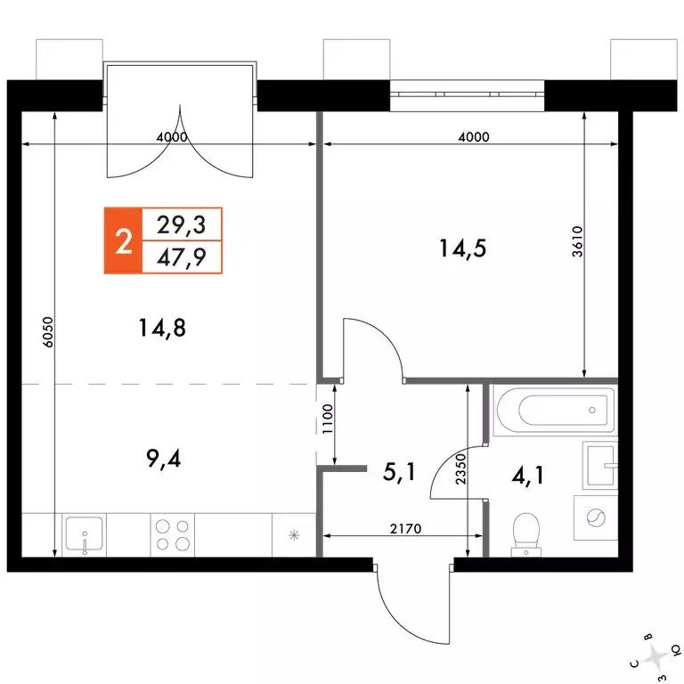2-комнатная квартира: Владивосток, ЖК Флагман (47.9 м) - Фото 2
