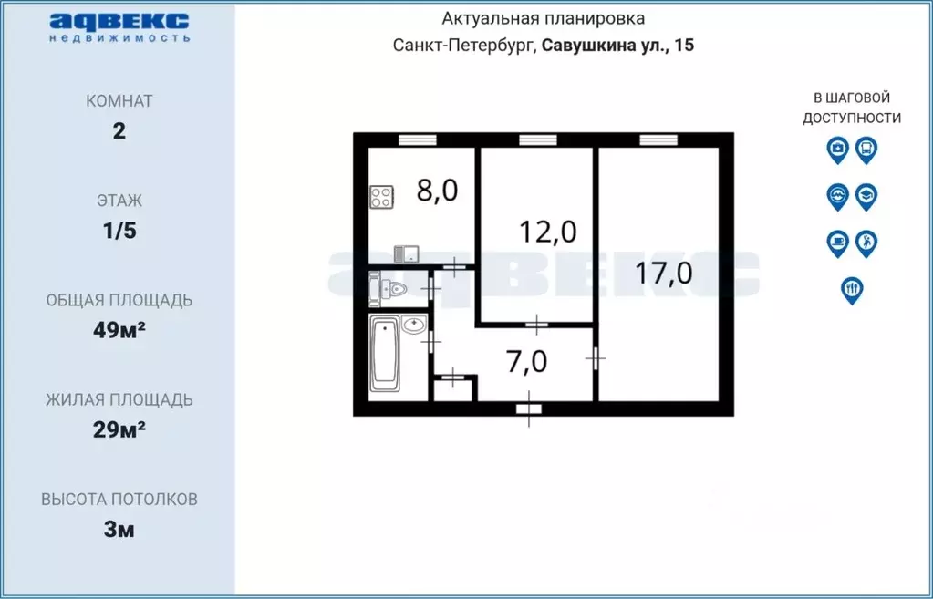 2-к кв. Санкт-Петербург ул. Савушкина, 15 (49.0 м) - Фото 1