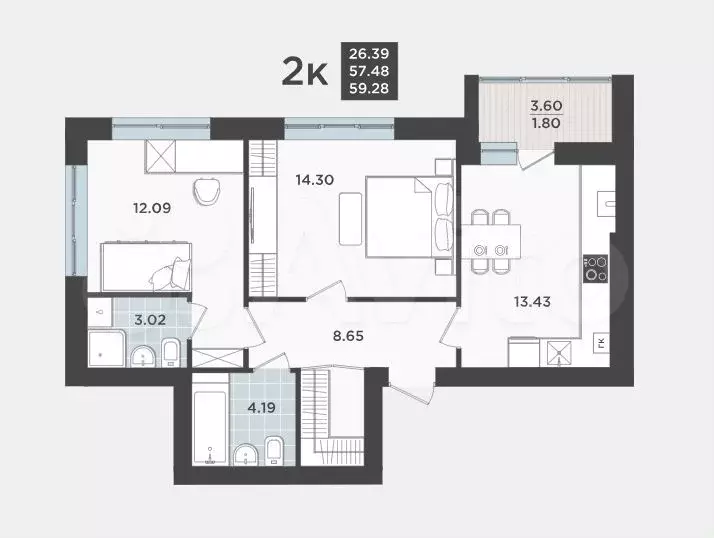 2-к. квартира, 57,5 м, 1/9 эт. - Фото 1