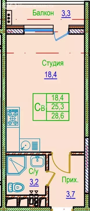 Квартира-студия: Грозный, проспект В.В. Путина, 5 (28.6 м) - Фото 1